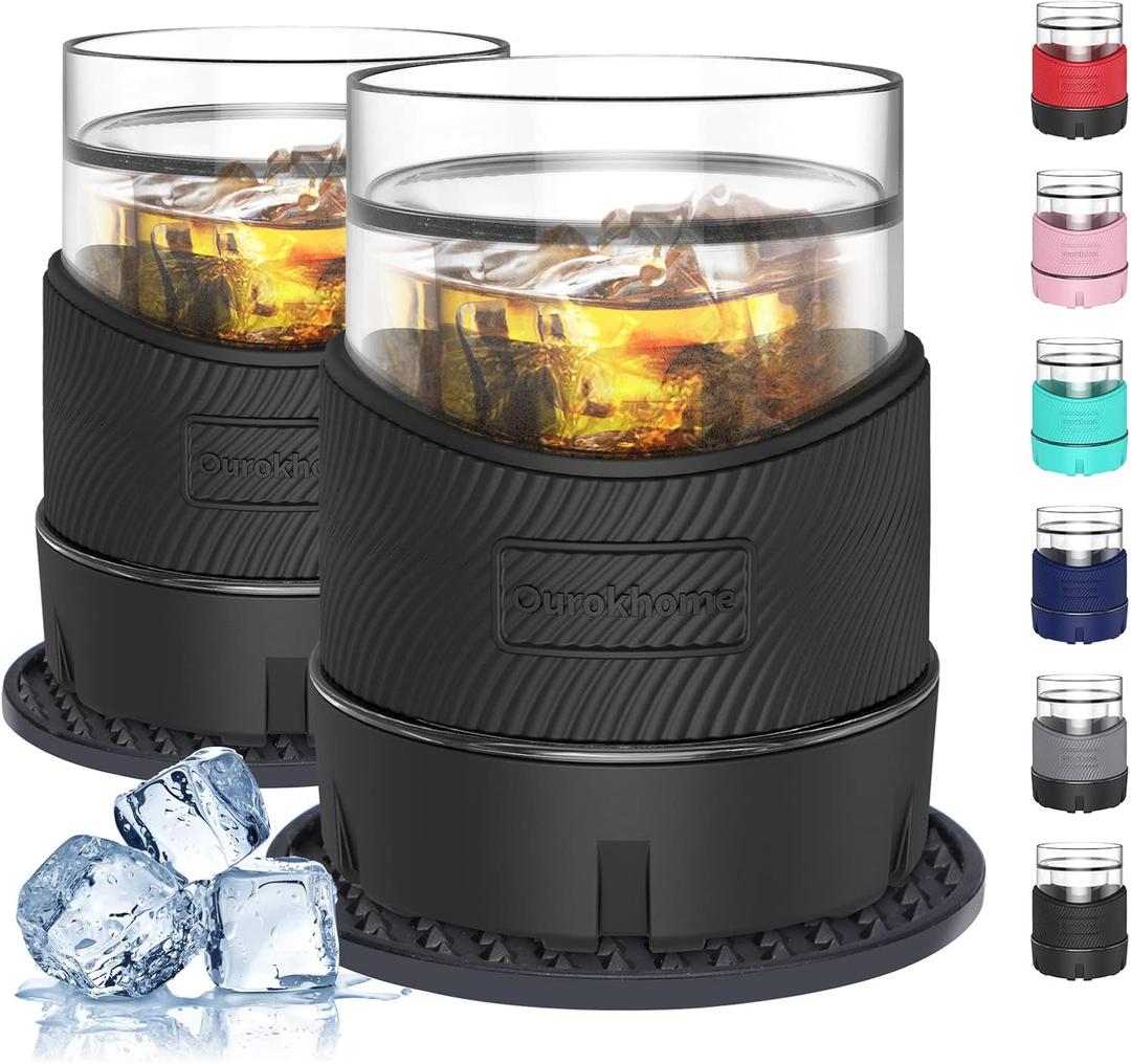 Ourokhome Whiskey Freeze Glasses, Patent Plastic Ice Chiller for Bourbon, Scotch, White Wine, 5 oz Insulated Liquor Tumbler for Men and Women, 2 Sets, with 2 Silicone Cup Mats, Black