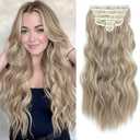 Clip in Hair Extensions for Women, 6PCS Long Wavy Curly Clip on Hair Extensions 16 Inch Dirty Blonde Mixed Gold Synthetic Hairpieces