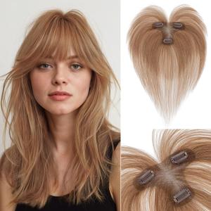 Hair Topper Human Hair Curtain Air Bangs Topper for Women,3.54x4.92 T-part Lace Base Topper Hair Piece for Daily Wear(Light Brown)