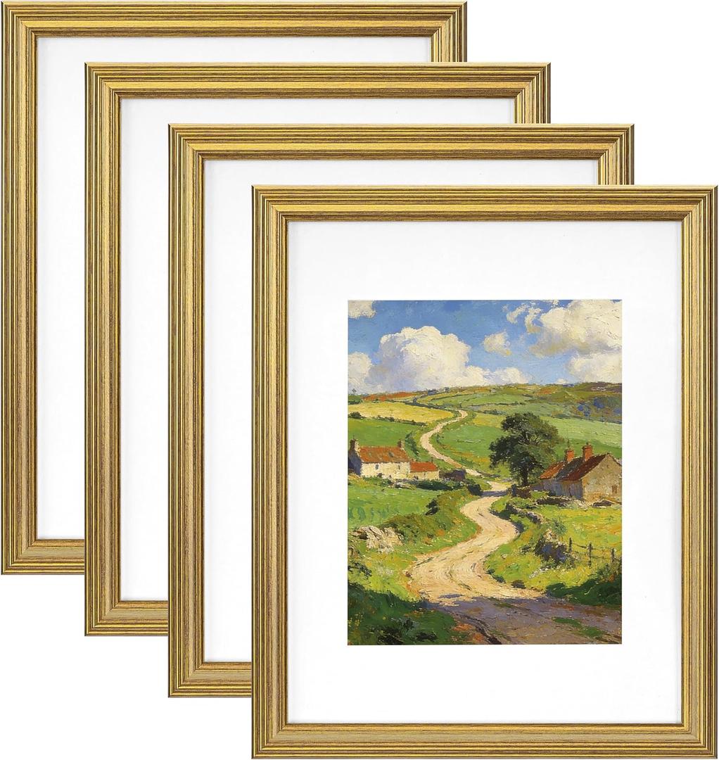 eletecpro 11x14 Gold Picture Frames Set of 4, Vintage Photo Frames with Clear Acrylic Cover, Gallery Wall Art Display 8x10 Photo with Mat or 11x14 without Mat for Tabletop or Wall Mount, Home Decor