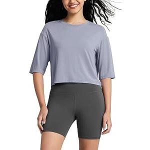 ODODOS Women's PeachSoft Relaxed Fit Cropped T-Shirt, Short Sleeve Crew Neck Casual Lounge Top, Grey Blue, Small