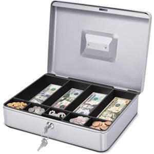 Flexzion Cash Box with Money Tray and Lock - Metal Cash Box for Small Businesses, 9-Compartment Silver Money Box with Removable Tray and Key, Portable Storage for Checks and Coins