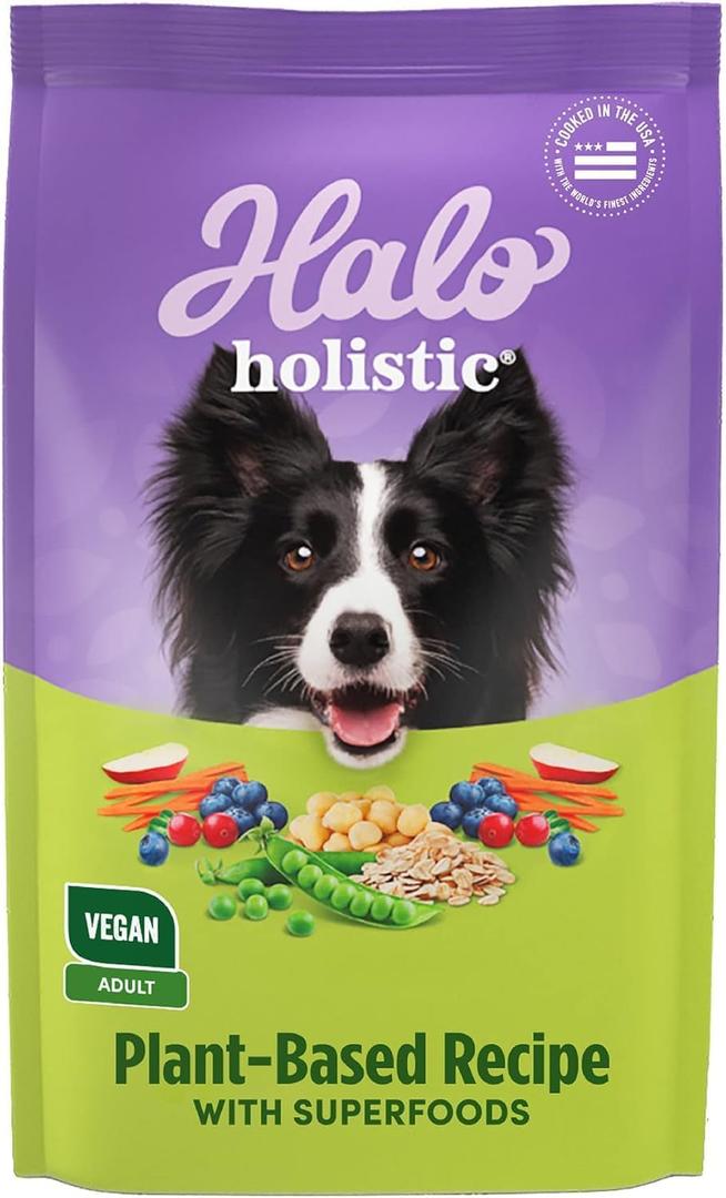 Halo Holistic Plant-Based Recipe With Superfoods, Complete Digestive Health, Vegan Dry Dog Food Bag, Adult Formula, 10-lb Bag, Best by 06/05/2026
