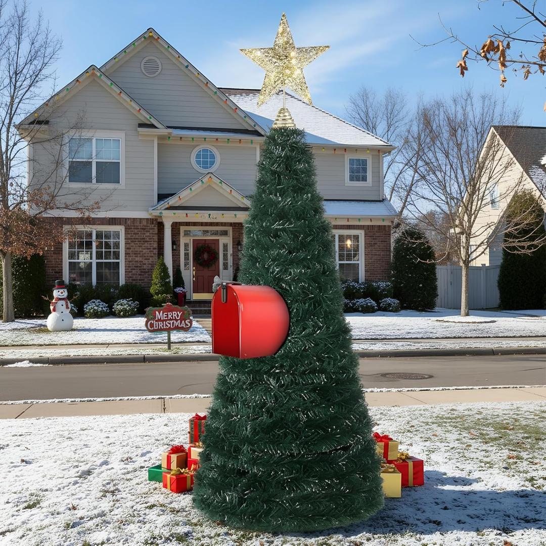 Mailbox Christmas Tree DIY Artificial Christmas Mail Box Swags Includes Metal Hexagonal Bracket 262.5 Ft Xmas Garland Xmas Star Topper for Home Outdoor Mail box Holiday Decor