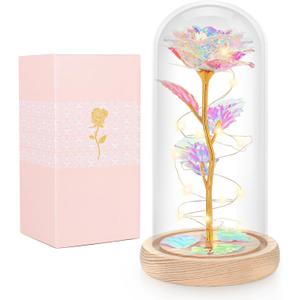 Mothers Day Flowers Gifts for Mom, Birthday Gifts for Women, Galaxy Glass Rose Gifts for Grandma Wife Daughter Artificial Forever Preserved Flowers for Delivery Prime Rose in Glass Dome, Rainbow (Colorful)