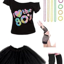 Women's 80's Costumes with Accessories Set Black Tutu Skirt Earrings Necklace Bracelets Fishnet Gloves Legwarmers Headband Large(8-10)