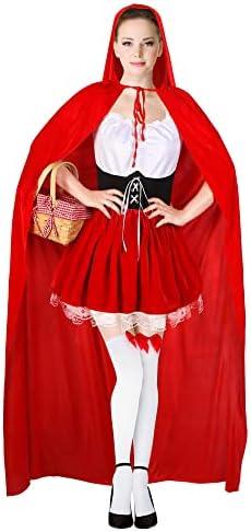 4 Pcs Women's Riding Hood Costume Halloween Party Dress with Red Hooded Cloak White High Socks Picnic Basket XL