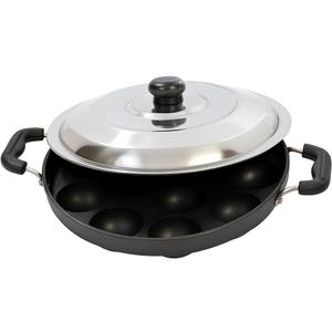 DBY Appam Pan Non Stick Appam Patra 12 Pits Appam Maker Aebleskiver Paniyaram Stuffed Pancakes Poffertjes Pastry Takoyaki Octopus Balls Appachetty with 2 Side Handle And Stainless Steel Lid