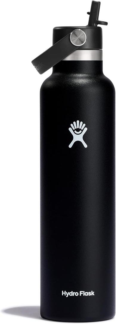 Hydro Flask Water Bottle - Insulated Stainless Steel - Straw Lid, Non Spill, Leakproof 24 Oz Black