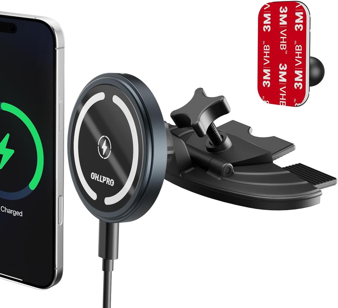 OHLPRO for 15W MagSafe Car Mount Charger for iPhone 16, Fast Wireless Charging, Magnetic CD Slot Holder with 3M Adhesive Base for Dashboard, Aluminum Shell, Compatible with iPhone 16/15/14/13 Pro Max (Gray)