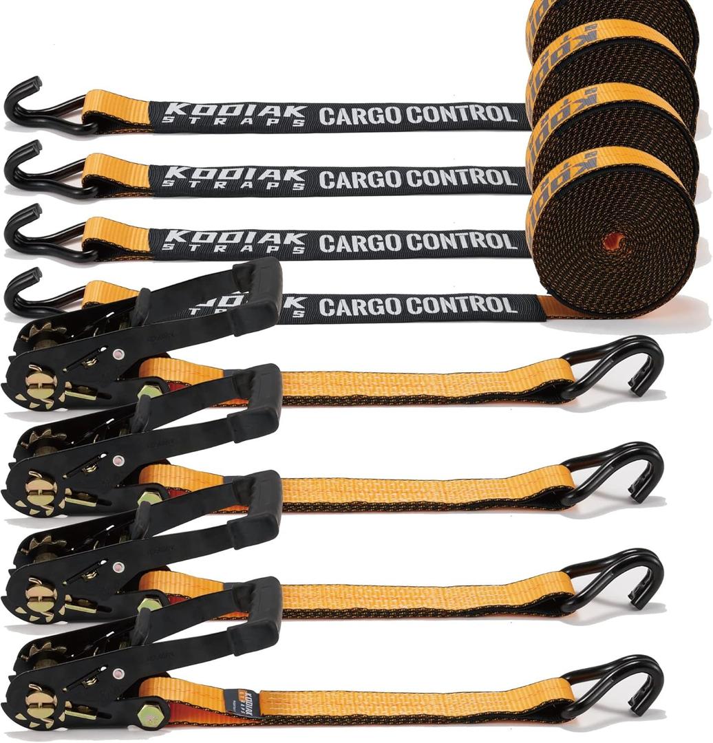 4 Pack Heavy Duty 2" x 27' Ratchet Tie Down Straps with Wired J Hooks - 10,000 LBS Break Strength for Truck & Trailer Cargo Control KODIAK STRAPS