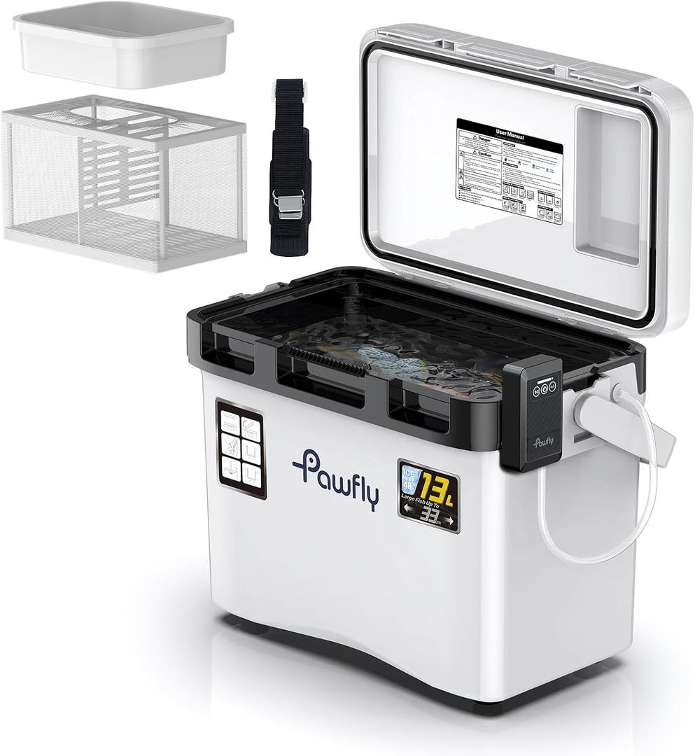 Pawfly Live Bait Cooler, 13-19 QT Leak-Proof Fishing Cooler with Rechargeable Aerator, Portable Fish Livewell for Boat, Insulated Minnow Bucket for Shrimp & Live Fish, Hard Cooler Box for Fishing, 13 Quart