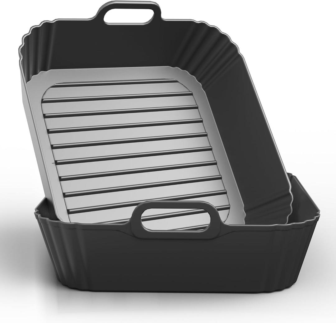 9-Inch Large Square Silicone Air Fryer Liners for Ninja AF141 AF181 AF142 Cosori 6QT, 2 Pack Silicone Pot Baking Accessories for Chefman, Instant, Cuisinart, Reusable Tray Insert 58QT (Black)