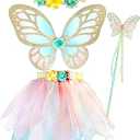 DJDLPARTY Girls Fairy Costume Set with Butterfly Wings Tutu Wand and Halo Headban 3-5years