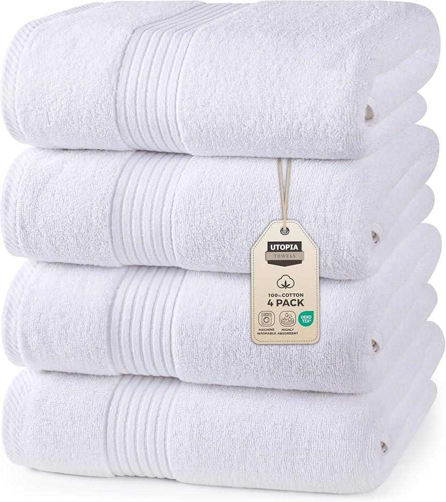 Utopia Towels 4 Pack Premium Hand Towels Set, 16 by 28 inches, 100% Ring Spun Cotton, Ultra Soft and Highly Absorbent 600GSM Towels for Bathroom, Gym, Shower, Hotel, and Spa, White