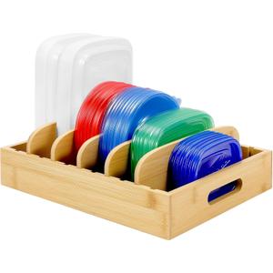 Bamboo Food Container Lids Organizer for Cabinet and Pantry, Wood Lids Holder with 5 Adjustable Dividers
