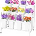Putros Flower Display Stand with 12 Buckets White 3 Layers Metal Floral Cart with Wheels Moving Florist Bouquet Bar Plant Shelf for Indoor Outdoor Patio Garden Party Decor