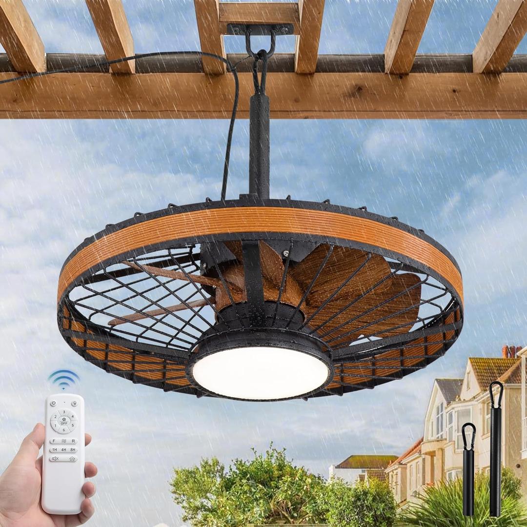 LEDIARY Outdoor Ceiling Fans with Lights, IP65 Waterproof Gazebo Fan with Hanging Hook, 6 Speeds, 3CCT, 20 Inch Wet Rated Plug in Ceiling Fan for Patios, Porch, Pergola, Canopy