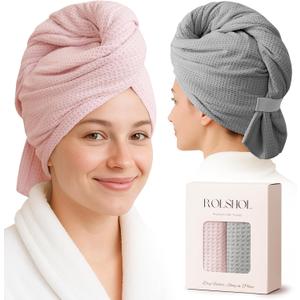 ROLSHOL 2 Pack Microfiber Hair Towel Wrap for Women, 32" x 11" Waffle Weave Hair Plopping Towel for Curly, Long & Thick Hair, Anti-Frizz Hair Turbans for Wet Hair (Pink, Grey)