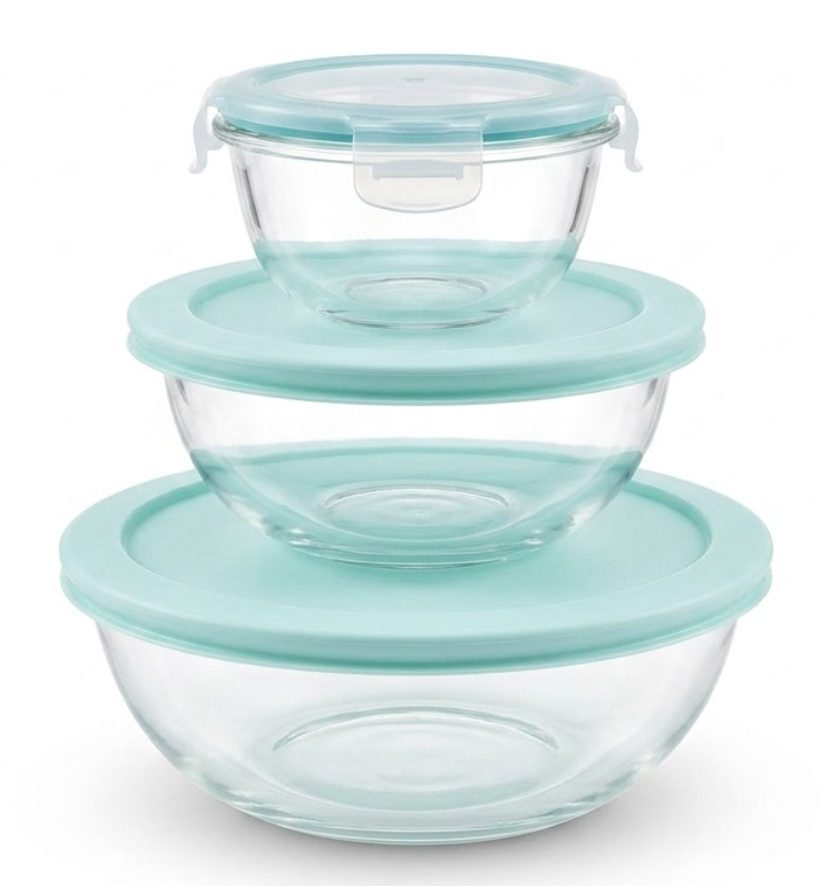 3 Peice Set Of Clear Glass Bowls With Blue Lids Clear Salad Bowls with BAP-Free Lids for Kitchen, Oven Microwave Dishwasher Safe