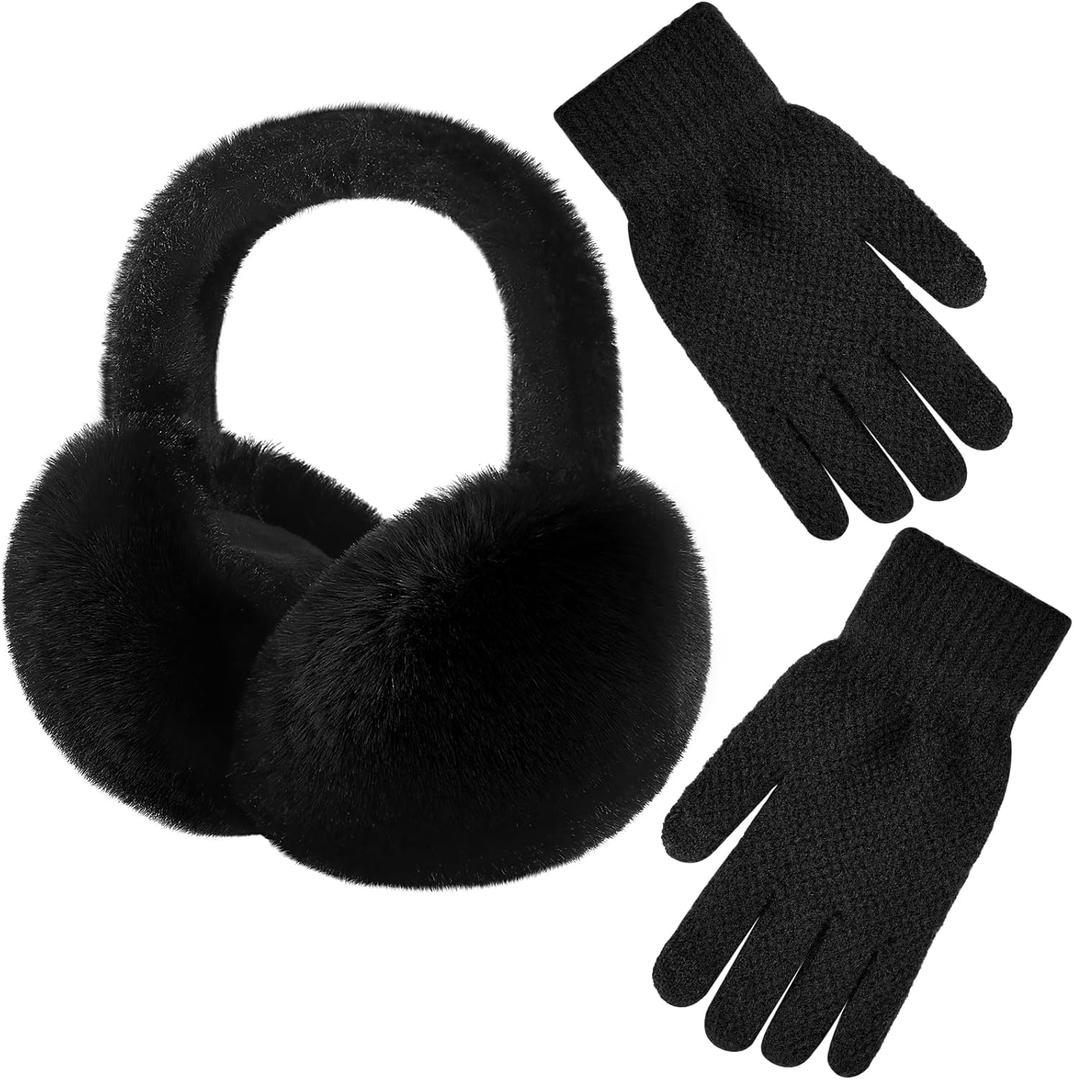 Pleneal Winter Ear Muffs Gloves for Women, Foldable Faux Fur Earmuffs Touchscreen Gloves Warmer Covers Headband Cold Weather (Black)