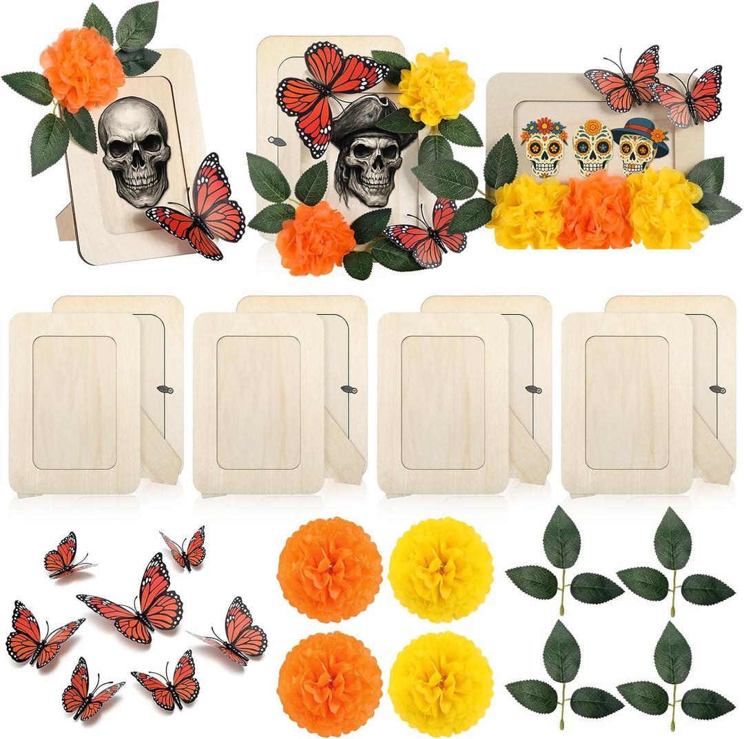 68 Pcs Dia De Los Muertos DIY Picture Frames Day of The Dead Photo Frame for Ofrenda Altar Wooden DIY Day of The Dead Decorations Craft Kit Monarch Butterfly for Tabletop Display Accessories