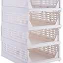 Folding Closet Organizer Basket,Plastic Storage Frame,Stackable Drawer For Bathroom,Kitchen,White(4)