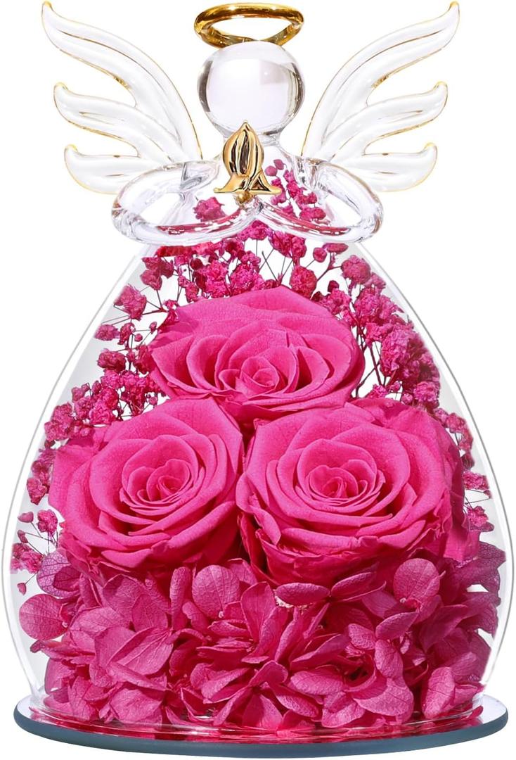 Beferr Mothers Day Mom Birthday Gifts for Women, Fresh Flowers for Delivery Forever Preserved Rose in Glass Angel Figurine, Anniversary Christian Real Rose for Grandma Nana Wife Mum from Daughter Son