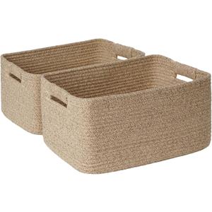 2 Pack Large Storage Basket for Organizing, 17.5"x13"x7" Woven Basket for Shelves, Closet Cube Storage Bins with Wrapped Handle, Cotton Rope Baskets for Kitchen, Clothes, Toys (Natural))