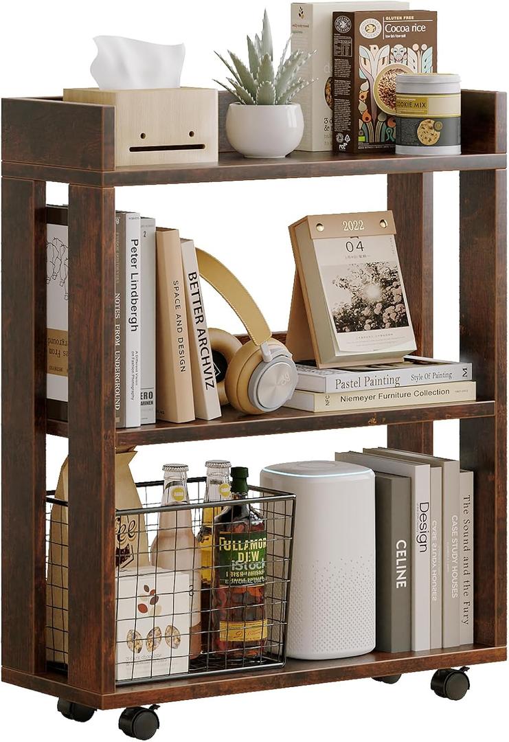 ALISENED 3-Tier Small Bookshelf with Wheels, Bedside Cart Library Cart, Rolling Bookcase for Small Space, Movable Standing Storage Shelves for Living Room/Bedroom/Office, Rustic Brown, Large