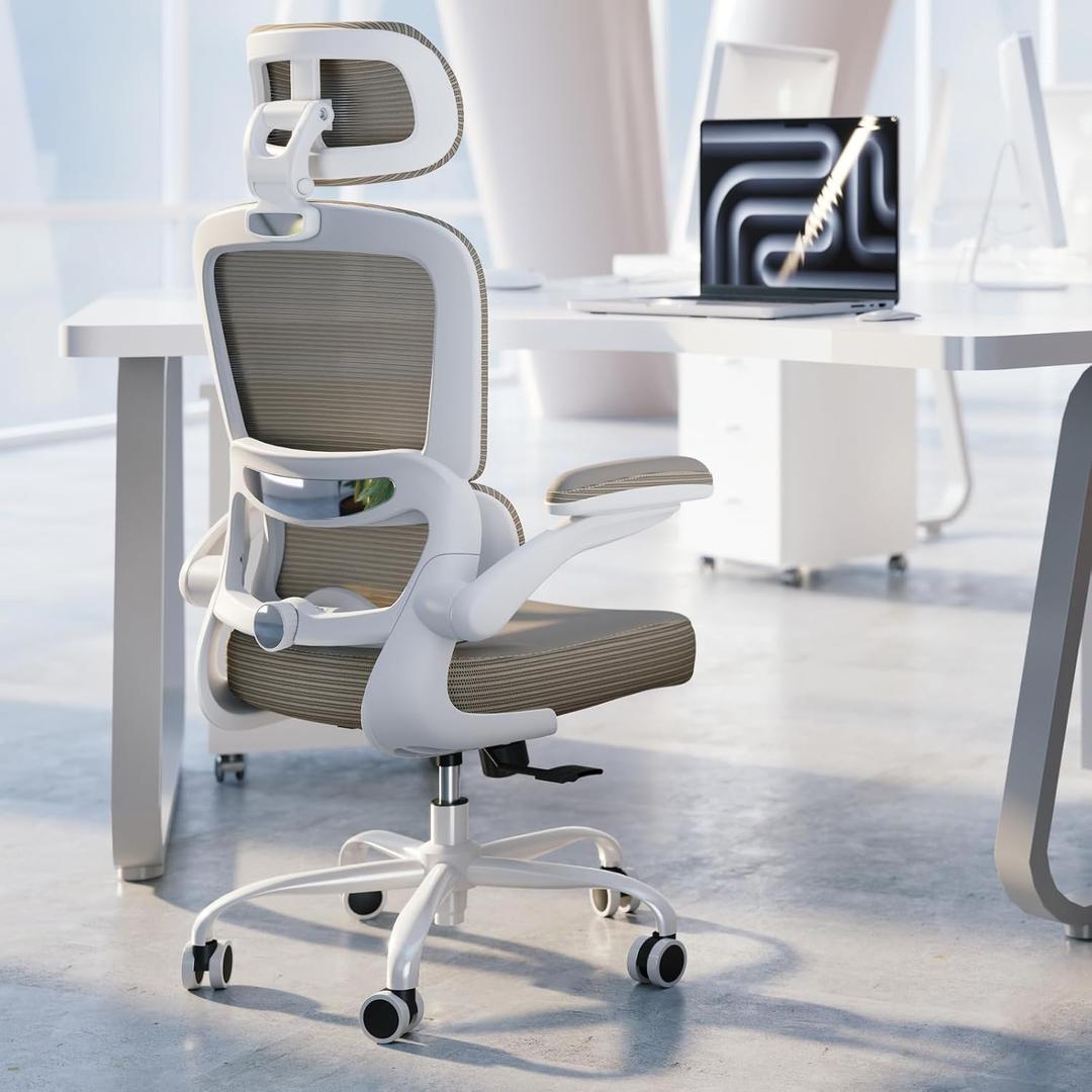 TRALT Ergonomic Office Chair - Desk Chair with Adjustable Headrest Lumbar Support Computer Chair - Mesh Comfy Chair with Flip-up Armrests - Gaming Chairs for Adults Home Office (PU Leather,Khaki)