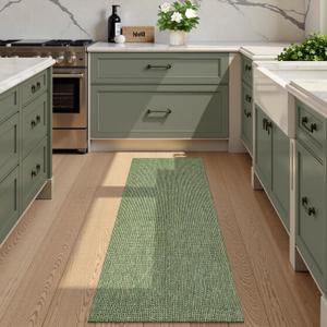 Uphome Kitchen Runner Rug, 2x4'3 Washable Boho Rug Runners for Hallways Non Slip, Low Pile Woven Cotton Modern Carpet Runners, Stain Resistant Bedroom Runner Rug for Hallway Entryway Entrance, Green