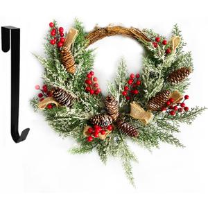 Artificial Christmas Door Wreath, Christmas Wreaths for Front Door, Window Wreaths with Pine Cone, Red Berries, Burlap Ribbon & Snowflake, Holiday Indoor/Outdoor Wreath Decorations, 23 inch