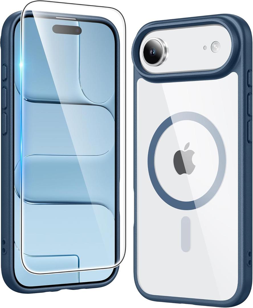 FNTCASE for iPhone Air Case Clear: Magnetic Phone Cases with Screen Protector Drop Proof Compatible with Magsafe Slim Anti Yellowing Rugged Shockproof Protective Transparent Cell Cover (B-Blue)