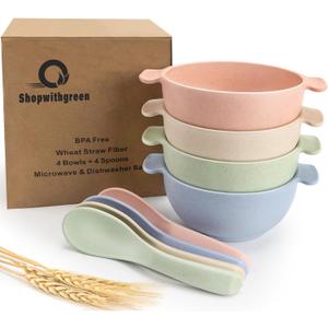 Shopwithgreen Unbreakable Kids Bowls -Microwave Dishwasher Safe- Wheat Straw Snack Bowl Sets for Kids and Toddler-4 Bowls and 4 Spoons, Lightweight and Durable, 14 OZ, Blush