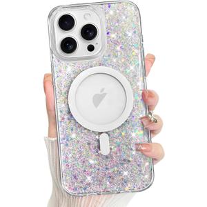 Bonoma for iPhone 16 Pro Case Sparkly Glitter Bling Back, Magnetic Support for MagSafe Shockproof Crystal and Clear High-Duty Protection for Girls Women-Sparkly Glitter