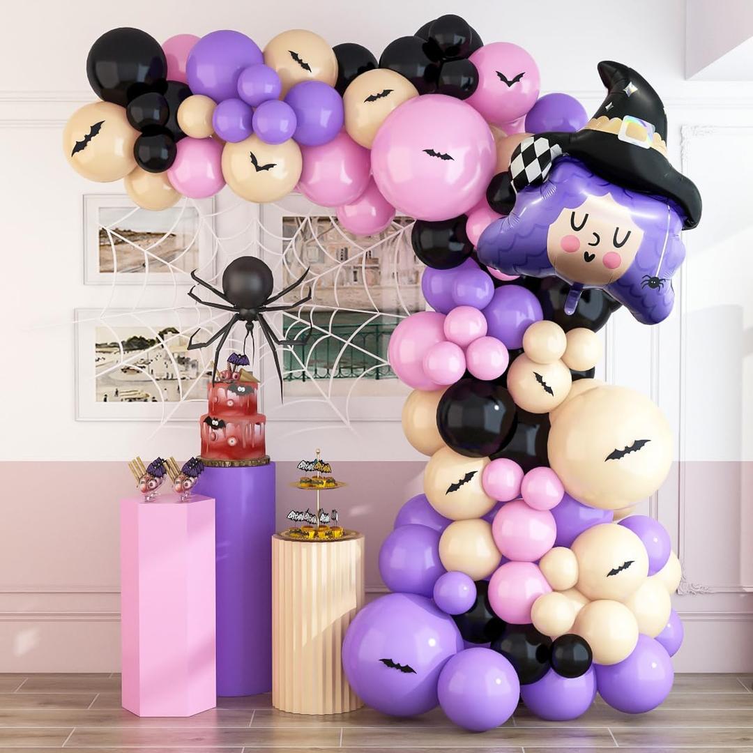 HOUSE OF PARTY Halloween Balloon Arch Kit 86 Pcs - 18/ 12/ 10/ 5 Inch Pink and Purple Halloween Balloon Garland Kit with 30" Witch Foil Balloon & PVC Bats for Halloween Balloons Decorations