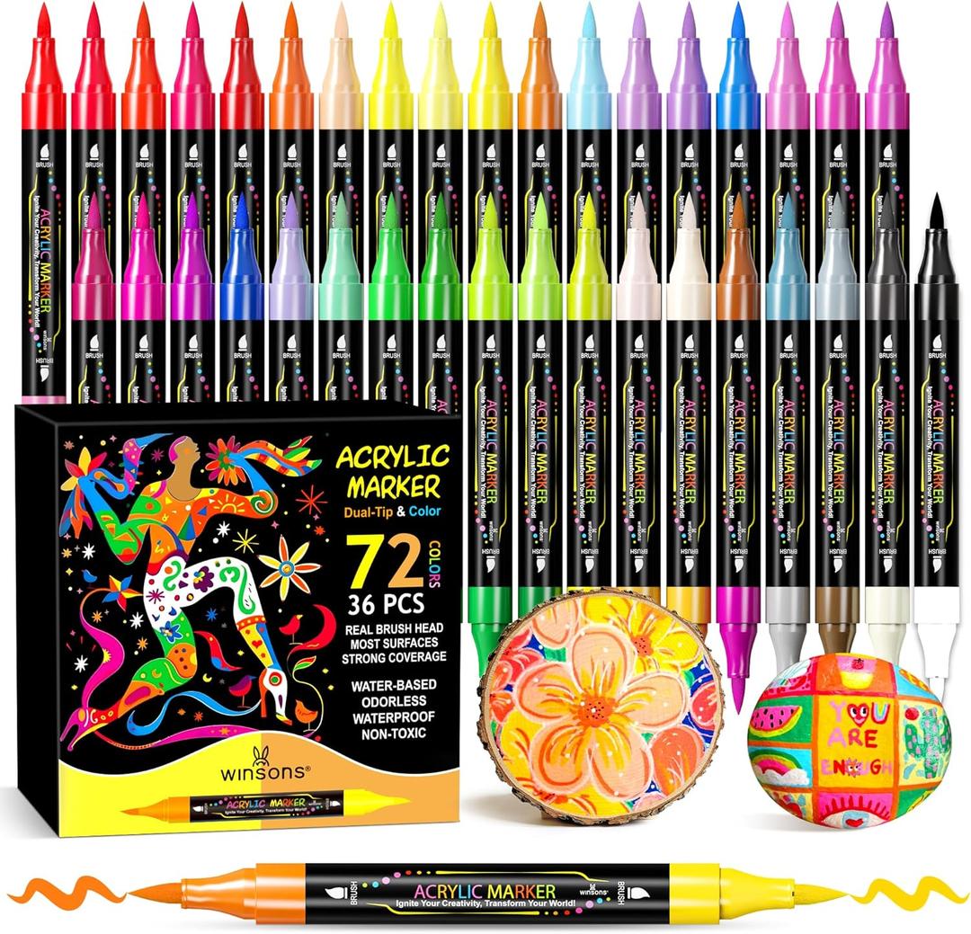WINSONS 72 Colors Dual Tip Acrylic Paint Pens Markers, 36 Set Permanent Acrylic Paint Pens, Waterproof, Quick-Dry, Ideal for Rock Painting, Canvas, Glass, Wood, Ceramic, DIY Crafts & Art Supplies