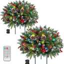 Set of 2 Christmas Planter/Urn Fillers Outdoor Front Porch, Artificial Prelit Christmas Tree with Remote, Holiday Pot Fillers with Timer, Multi-Color Lights, Outdoor Christmas Decorations Yard