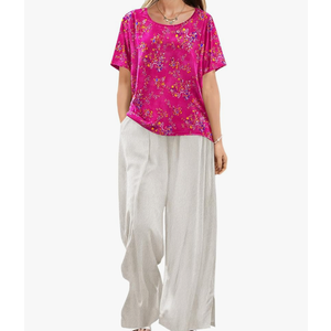 YESNO Women's Casual T-Shirt Summer Short Sleeve Loose Fit Tops Crew Neck Side Slits Tees BEC, Size L,Pink