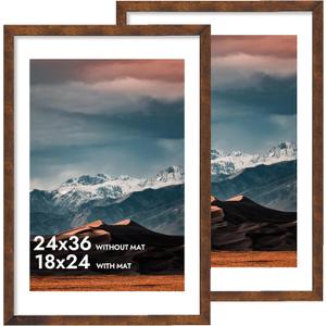 iRahmen 24x36 Poster Frame with 20x30 Mat - Plexiglass Wooden Picture Frames for Photo Wall Gallery Mounting (Dark Brown, Set of 2)