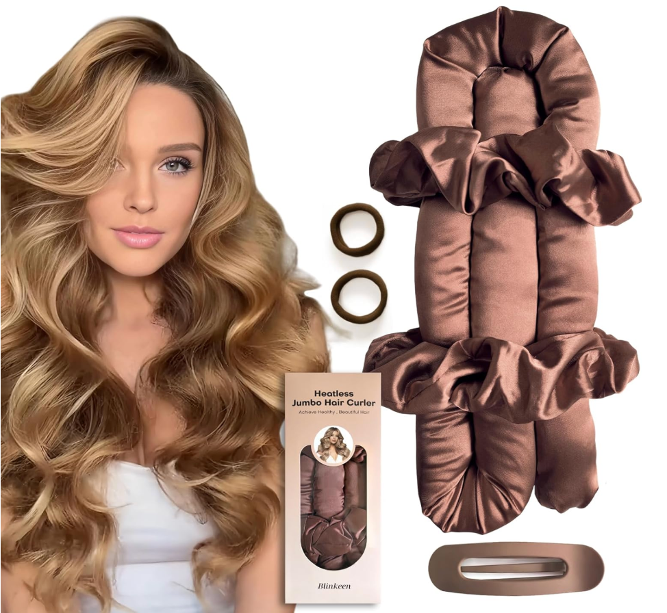 BLINKEEN Jumbo Heatless Hair Curler SetSatin Heatless Curls Overnight, Jumbo Curling Rod Headband, No Heat Curlers To Sleep in (Brown)