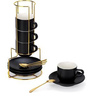 Lareina 8 Ounce Porcelain Cappuccino Cups Set of 4, Stackable Coffee Cups with Saucers, Spoons and Metal Stand -for Specialty Coffee Drinks, Cappuccino, Latte, Americano and Tea, Black
