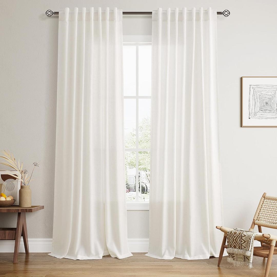 Nanspring Beige White Linen Curtains Extra Long 120 Inches Long for Living Room 2 Panel Set Back Tab Light Filtering Boho Farmhouse Semi Sheer Curtain Drapes for Dining Room Large Window 10 FT Tall