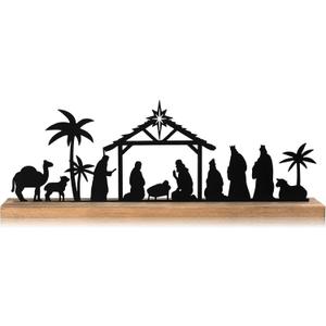 Pinkunn Metal Nativity Sets for Christmas Decorations Black Metal Nativity Scene with Wooden Base for Christmas Xmas Home Indoor Office Kitchen Table Shelf Mantel Tabletop Decor(Classic)