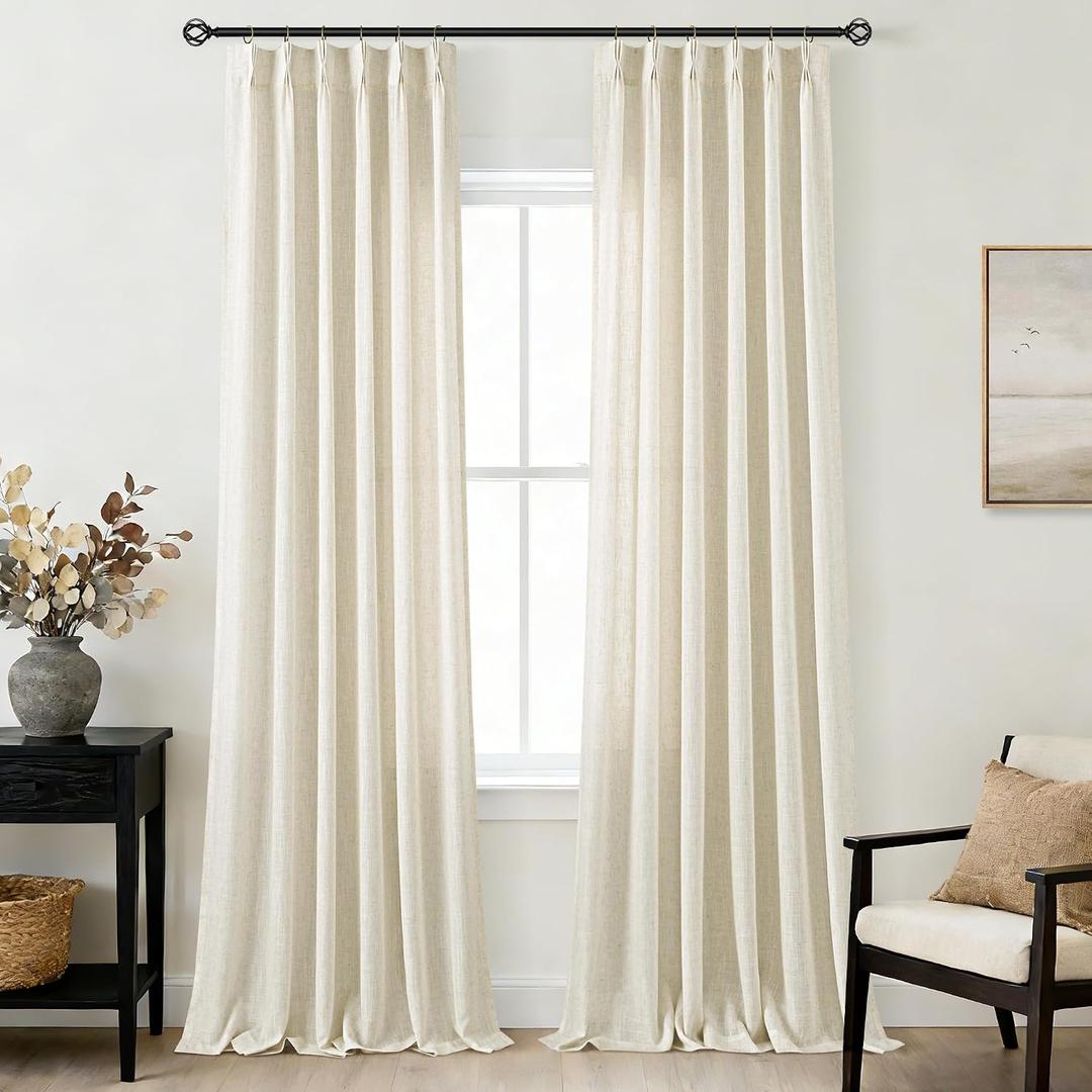Beige Pinch Pleated 94 inch Long Linen Curtains 2 Panels Set for Living Room Track System Curtains Neutral Modern Farmhouse Light Filtering Semi Sheer Linen Blend Pinch Pleat Drapes 94 Length Oatmeal