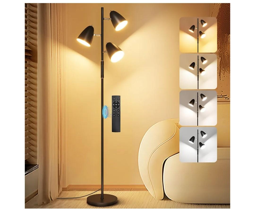 QiMH LED Floor Lamp for Living Room, Modern Dimmable Standing Lamp with 4 Color Temperature,Remote and Touch Control, Tree Floor Lamp for Bedroom with 3 Rotatable Lights Bright Stand up Lamp, Black