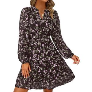 PRETTYGARDEN Women's Fall Boho Dresses 2026 Floral Long Sleeve V Neck Mini Flowy Wedding Guest Dress Trendy Vacation Outfits, XXL