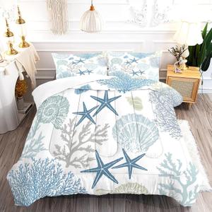 Coastal Bedding Set Queen: Nautical Comforter for Kids Teens Men Women, Sea Shell Starfish Marine Bedroom Decor 1 Comforter 2 Pillowcases
