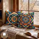 OBSEDE Boho Mandala Throw Pillow Covers Set of 4, 18x18 Inch Blue and Orange Bohemian Decorative Pillow Cases for Couch Sofa, Psychedelic Floral Spiritual Home Decor